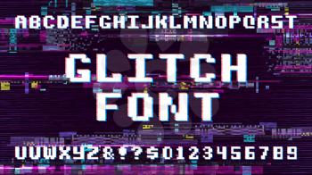Retro pixel art font on display with tv noise glitch effect. Computer game vector alphabet. Abc noise pixel glitch, vector font digital illustration