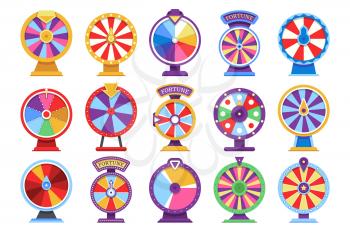 Roulette fortune spinning wheels flat icons casino money games - bankrupt or lucky vector elements. Set of fortune, wheel for casino, success game roulette illustration