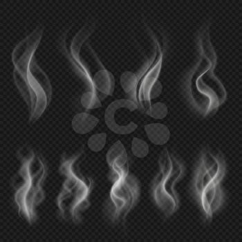 Grey hot smoke clouds. White transparent steam evaporation isolated vector effects. Vector motion steam fog, flow smoke effect illustration