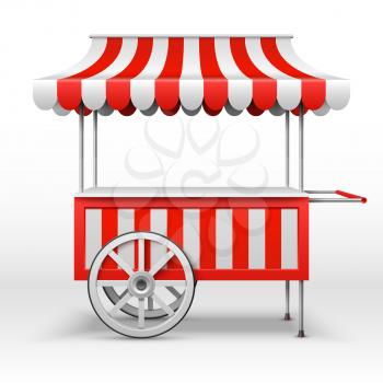 Mobile market stall with wheels. Blank farmer market cart vector template. Market shop cart, store kiosk street illustration