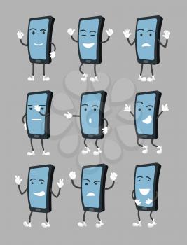 Cartoon smartphone in various poses with different emotions. Cell phone vector character with hands and legs. Illustration of phone character with face, gadget in pose