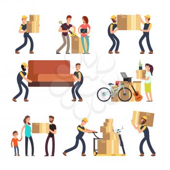 Family moving into new house. Man, woman and employees carrying boxes and heavy furniture vector characters set. Illustration of people with bag and box