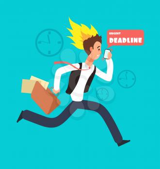 Businessman running race. Rushing worker with smartphone and portfolio with paper documents. Deadline vector concept. Hurry man, illustration of deadline work