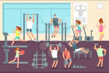 Woman and man doing various sports exercises in gym. Fitness indoor workout vector concept. Gym and fitness sport training, woman man workout or exercise illustration