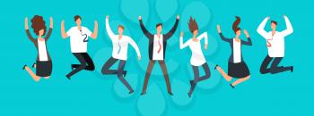 Happy excited business people, employees jumping together. Successful team work and leadership vector cartoon concept. Business leadership with team success jump illustration