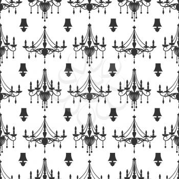 Elegance crystal chandeliers seamless pattern background design black white. Vector illustration