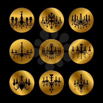 Vintage crystal chandeliers silhouettes golden icons of set. Vector illustration