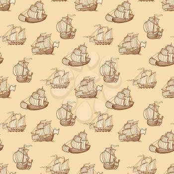 Vintage ships seamless pattern. Antique boats texture background. Vector illustration