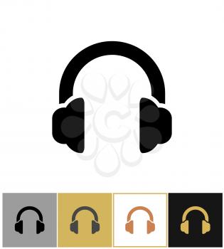 Headphones icon, headphone audio symbol or headset stereo on gold, black and white backgrounds vector illustration
