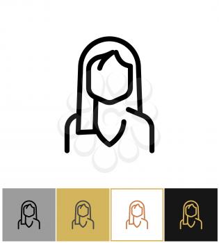 Woman icon, black office admin sign or consultant, supervisor employer or worker avatar on gold, black and white backgrounds vector illustration