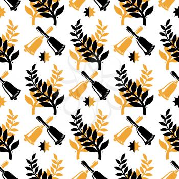 Vintage student graduate seamless pattern design. Black and golden bells and branches texture. Vector illustration
