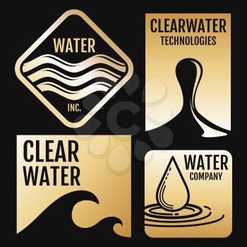 Water vector logos and labels set with aqua symbols on black background. Vector illustration