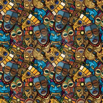 African craft voodoo tribal mask and inca south american culture totem symbols seamless pattern. Vector illustration