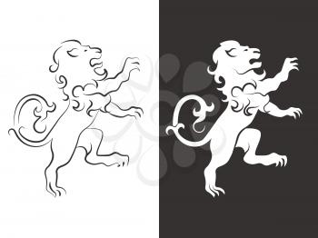Heraldic lion vector. Line and silhouette lions for arms. Animal heraldic leo icon, royal insignia for shield illustration