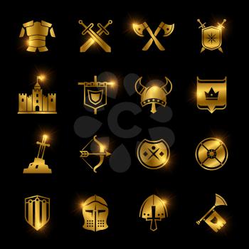 Golden shiny medieval warriors shield and sword vector icons illustration
