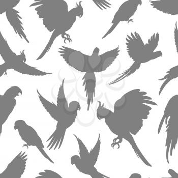 Light grey parrots silhouette on white seamless background pattern. Vector illustration