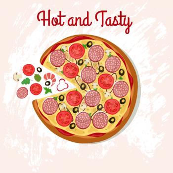 Delicious pizza on table with pizza ingredients. Italian cuisine vector poster. Illustration of fast food hot and tasty