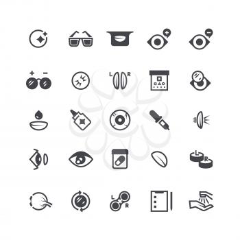 Eye problems, optical contact lens and eyeglasses icons. Eyeball laser surgery vector medical symbols. Eye vision, medical eyesight illustration