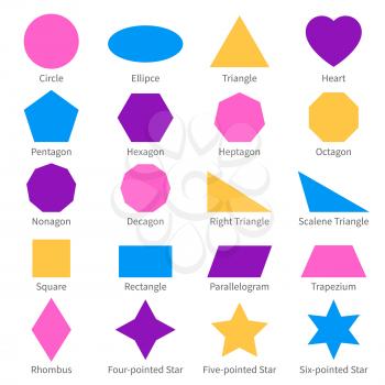 Simple geometric 2d shapes. School geometry vector diagram. Illustration of geometric shape simple element, ellipse and circle, triangle and heart