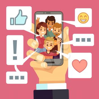 Video content sharing on smartphone screen. Friends comment and like vlog. Video streaming vector concept. Smartphone with comment and feedback reaction illustration