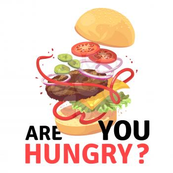 Delicious burger. Attractive flying hamburger cartoon vector illustration. Hamburger with meatin bun, cheeseburger or sandwich
