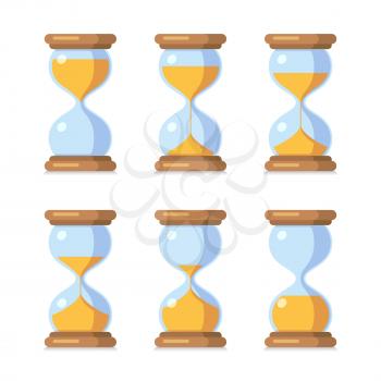 Cartoon hourglass. Antique sand clock sprite sheet animation. Vector sand timers set. Clock and time, hourglass timer sand, countdown instrument illustration