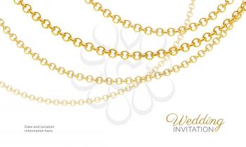 Gold chain necklace. Luxury jewelry background. Wedding invitation vector design. Necklace gold chain, golden fashion accessory illustration