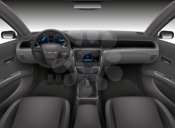 Realistic car interior with rudder, dashboard front panel and auto windshield vector illustration. Automobile interior, wind shield and dashboard