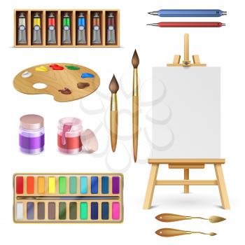 Artistic tools and art supplies with easel, palette paints brush and color pencil isolated vector set. Palette drawing, easel paint, supplies brush and pencil, equipment for artistic illustration