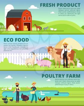 Organic farming and agribusiness banners with cartoon farmer characters and farm animals set, vector illustration