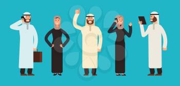 Arabic businesswomen and businessmen group. Arab business people team vector cartoon characters set. Business team arabic, arab muslim woman and man illustration