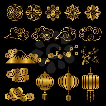 Golden japanese and chinese asian motif vector decor elements isolated on black background illlustration