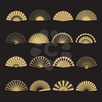 Gold hand fan vector icons. Set of hand fan isolated on black background illustration
