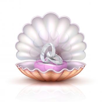 Vector luxury silver wedding, marriage rings on realistic seashell. Marry me concept vector illustration