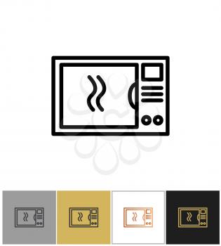 Microwave icon, household food meal cooking symbols, home kitchenware appliances on white and black backgrounds. Vector illustration