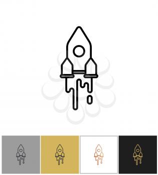 Rocket icon, spaceship silhouette, futuristic engine vehicle ship sign on white and black backgrounds. Vector illustration