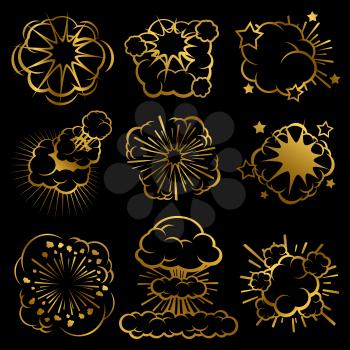Golden explosion clouds. Comic smoke rings vector set collection illustration
