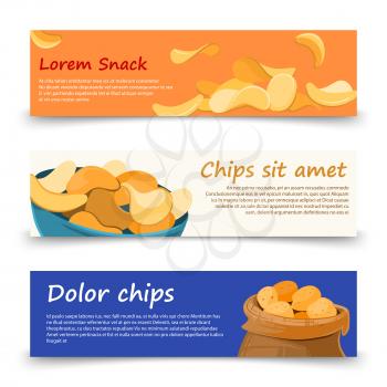 Snack banners template of set with potato chips. Vector illustration