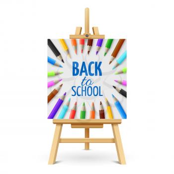 Learning and school education vector concept. Back to school background with 3d colored pencils on wood easel isolated on white background. Illustration of back school on easel