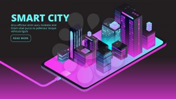 Smart city technology. Intelligent buildings in future city. Isometric 3d vector banner. Illustration of isometric smart city building on smartphone
