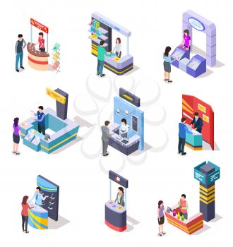 Isometric expo stands. Exhibition demonstration stand and trade stalls with people. 3d vector set of trade stall store, promo stand panel with desk illustration