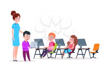 Kids in computer lab. School children coding at computers. Cartoon boys and girs learning new technology. Education vector concept. Computer school education boy and girl, children students