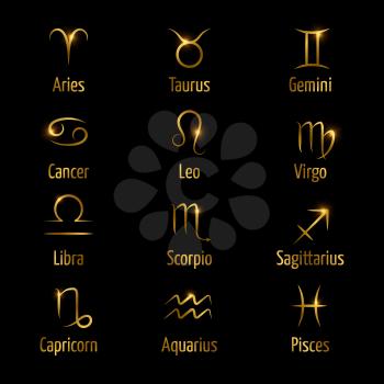 Hand drawn zodiac vector symbols shine gold effect. Astrology zodiac horoscope, virgo and aries, aquarius and gemini illustration