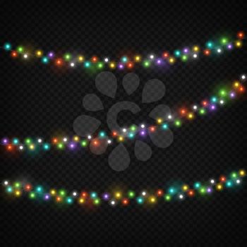 Color light garlands. Christmas lights holiday decoration with colourful light bulb. Realistic lighting string vector set isolated. Garland xmas on string, bulb light christmas glowing illustration