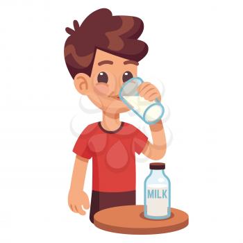 Boy drinks milk. Kid holding and drinking milk in glass. Milk products for healthy children vector concept. Boy with milk drinking, illustration cartoon young child healthy