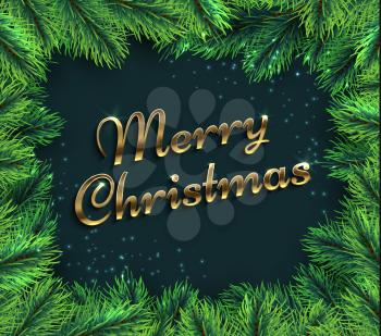 Fir tree branches. Merry christmas glamour background with pine branch and greetings text. Happy new year 2019 greeting vector card. Christmas card with green pine, merry xmas illustration