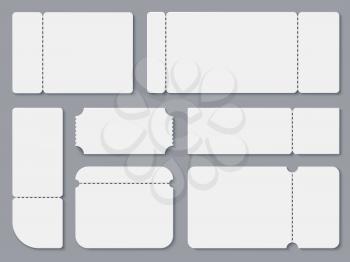 Blank tickets. White theater and cinama ticket mockup. Lottery coupon and receipt vector isolated template. Cardboard for entertainment festival, movie film and show illustration