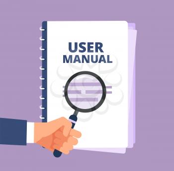 User manual with magnifying glass. User guide document and magnifier. Handbook, handbook, instruction and guidebook vector icon. Illustration of instruction handbook with information help