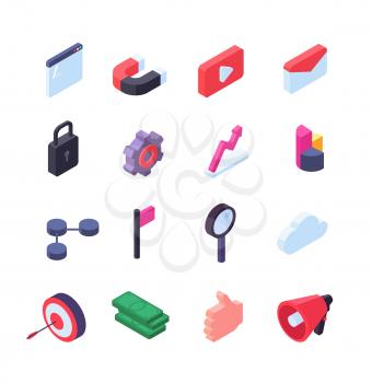 Social network isometric icons. Media and seo marketing web buttons vector collection isolated. 3d of set sign for technology development process, programming and megaphone illustration
