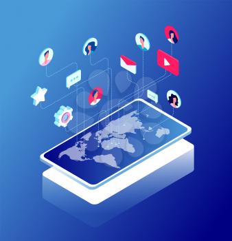 Social network and world map. Internet marketing, like and message icons. Chatting and internet communication isometric vector concept. Chat mobile, like 3d icon, message app tag social illustration